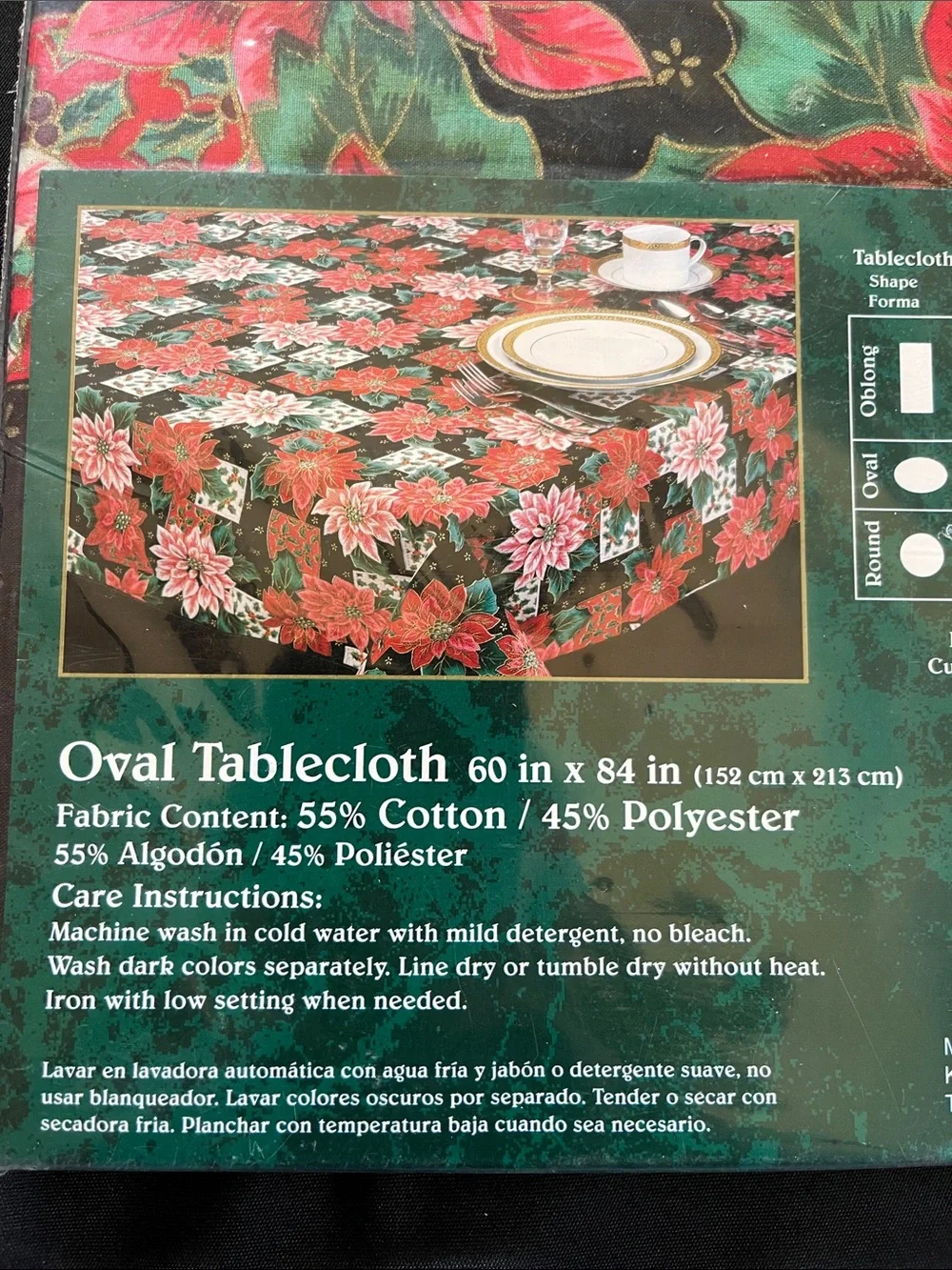 Vtg TRIM A HOME Poinsettia Theme Oval Tablecloth NIP Christmas Kmart 60”x84”